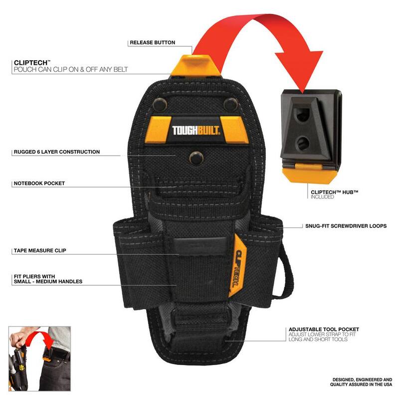 TOUGHBUILT ClipTech Medium Technician Pouch in Black with 7 pockets and loops and rugged rivet reinforced construction - TB-CT-36-M7
