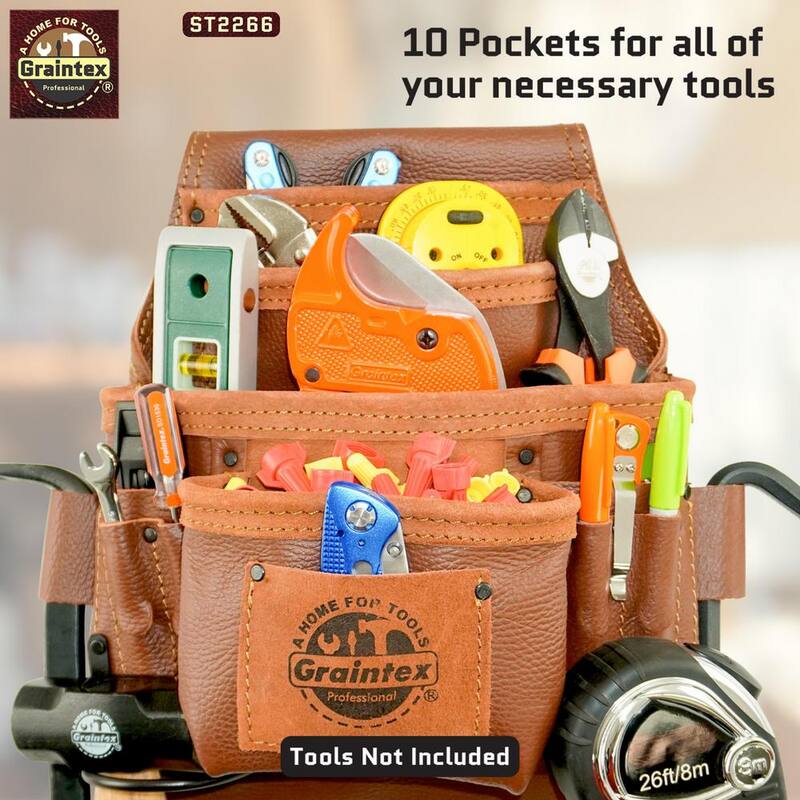 Graintex 10-Pocket Brown Rugged Top Grain Leather Nail & Tool Pouch - ST2266