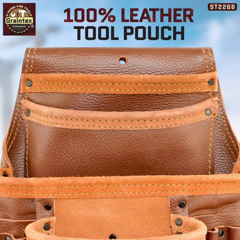 Graintex 10-Pocket Brown Rugged Top Grain Leather Nail & Tool Pouch - ST2266