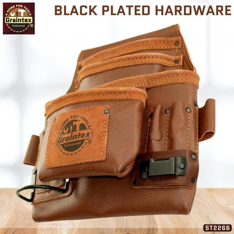Graintex 10-Pocket Brown Rugged Top Grain Leather Nail & Tool Pouch - ST2266