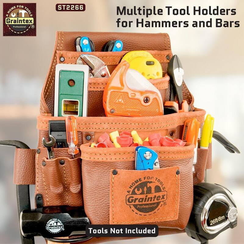 Graintex 10-Pocket Brown Rugged Top Grain Leather Nail & Tool Pouch - ST2266