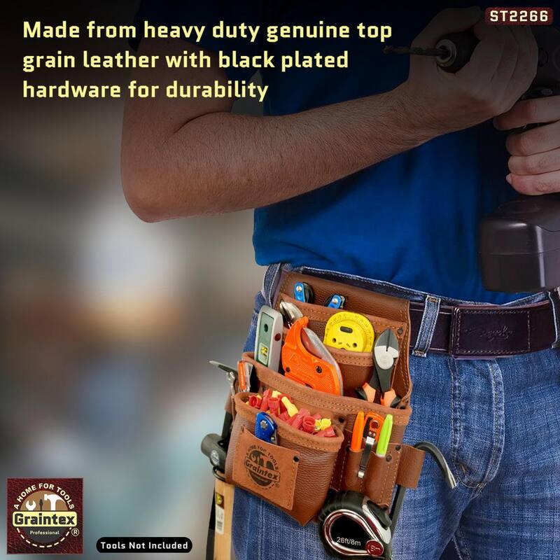 Graintex 10-Pocket Brown Rugged Top Grain Leather Nail & Tool Pouch - ST2266