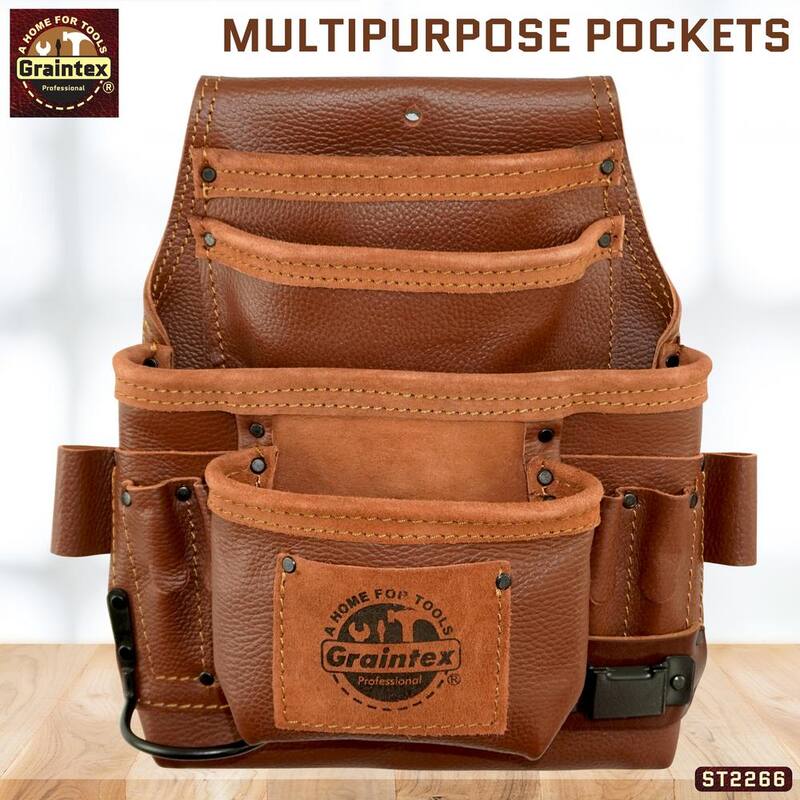 Graintex 10-Pocket Brown Rugged Top Grain Leather Nail & Tool Pouch - ST2266