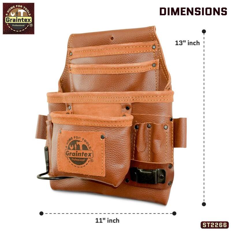 Graintex 10-Pocket Brown Rugged Top Grain Leather Nail & Tool Pouch - ST2266