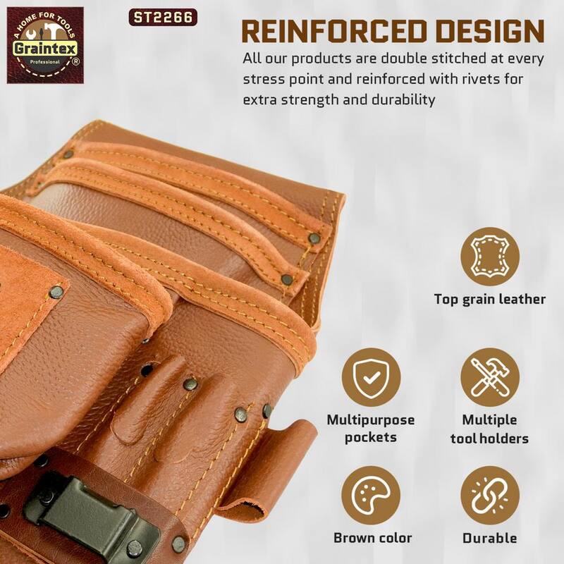 Graintex 10-Pocket Brown Rugged Top Grain Leather Nail & Tool Pouch - ST2266