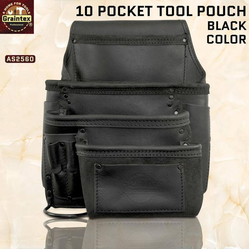 Graintex 10-Pocket Right-Handed Ambassador Series Black Top Grain Leather Nail and Tool Pouch - AS2560