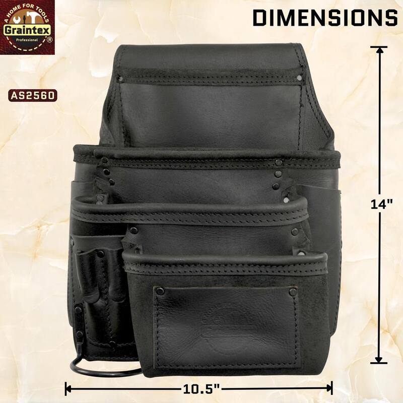 Graintex 10-Pocket Right-Handed Ambassador Series Black Top Grain Leather Nail and Tool Pouch - AS2560