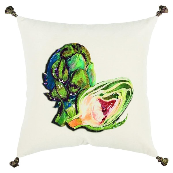 Palacedesigns White Green Embroidered Artichoke Throw Pillow Multi Color - PA3109328