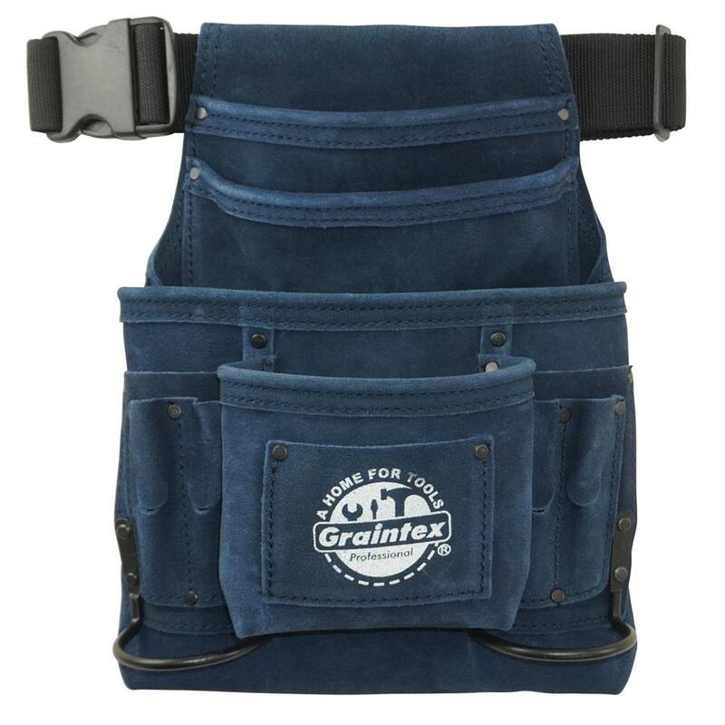 Graintex 10-Pocket Nail and Tool Pouch in Navy Blue Suede Leather w/Belt and 2 Hammer Holders - SS2564