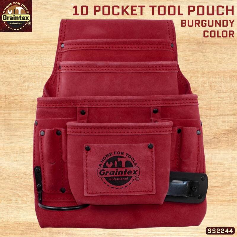 Unbranded 10-Pocket Suede Leather Nail and Tool Pouch in Burgundy w/2 Hammer Holders - SS2244