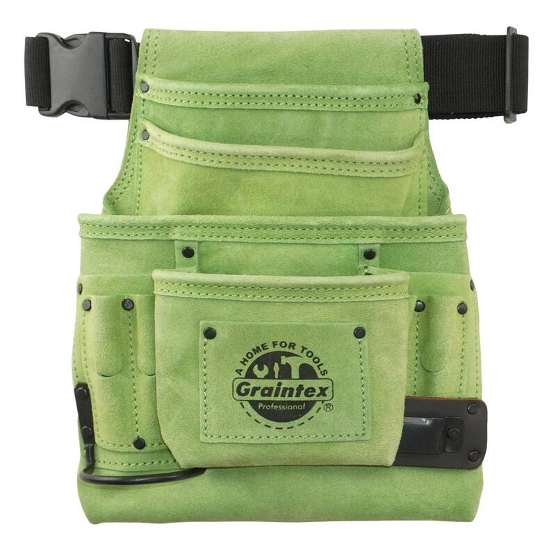 Graintex 10-Pocket Nail and Tool Pouch with Belt Lime Green Suede Leather w/Hammer Holder and Measuring Tape Clip - SS2430