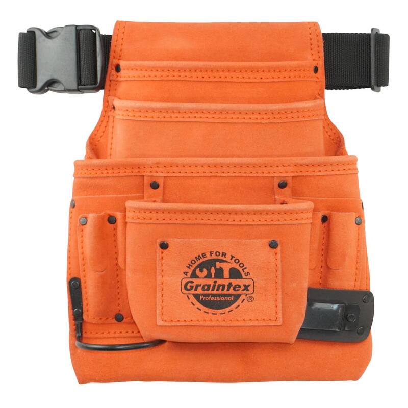 Graintex 10-Pocket Nail and Tool Pouch with Belt Orange Suede Leather w/Hammer Holder and Measuring Tape Clip - SS2534