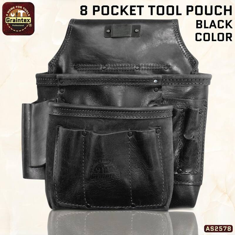 Graintex 8-Pocket Black Ambassador Series Top Grain Leather Nail and Tool Pouch - AS2578