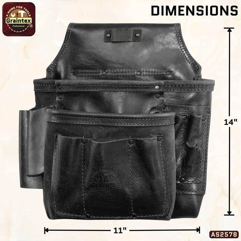 Graintex 8-Pocket Black Ambassador Series Top Grain Leather Nail and Tool Pouch - AS2578
