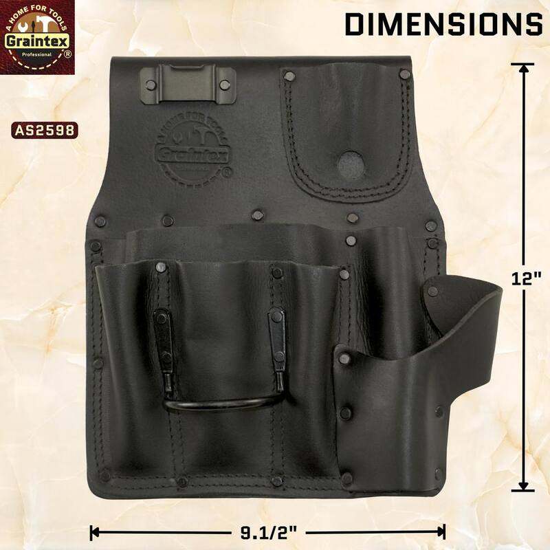 Graintex 6-Pocket Black Top Grain Leather Left Handed Drywall Pouch with Ambassador Series - AS2598