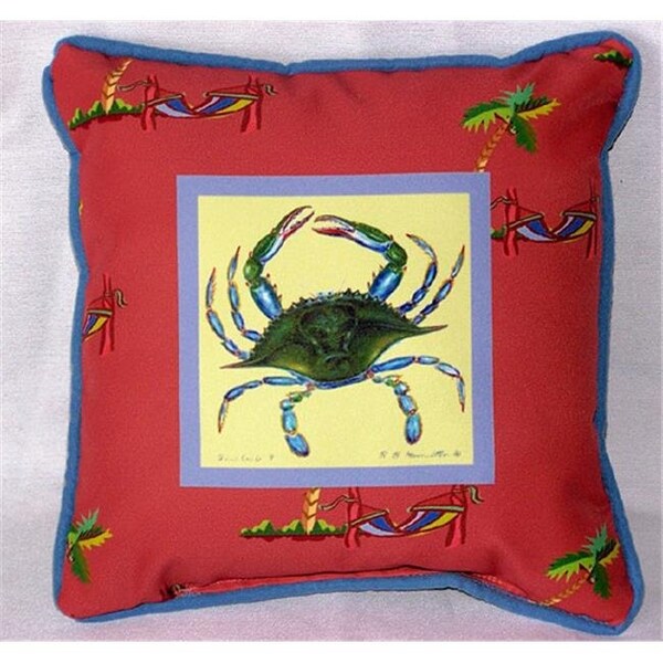 Betsy Drake Betsy Drake SN004 Blue Crab- Coral Small Outdoor-Indoor Pillow 12"x12" - SN004