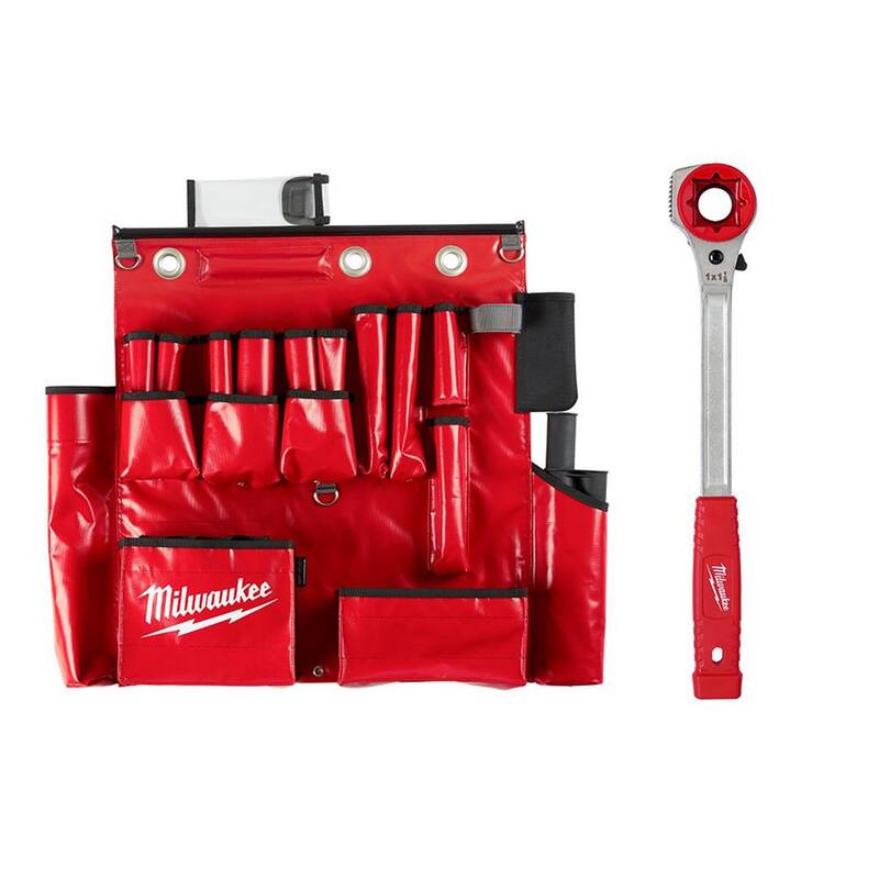 Milwaukee Lineman's Aerial Tool Apron with Lineman's High Leverage Ratcheting Wrench with Milled Strike Face (2-Piece) - 48-22-8290-48-22-9213M