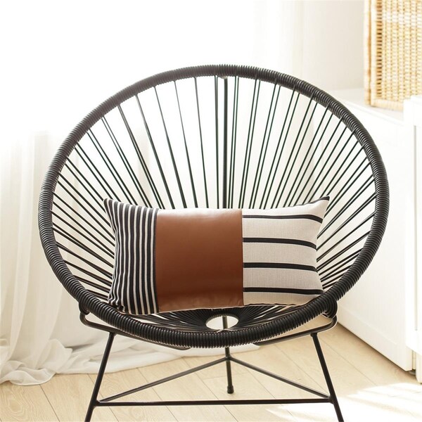 Palacedesigns Geometric Brown Faux Leather & Stripes Lumbar Pillow Cover 12in.x20in.x0.08in. - PA3647710