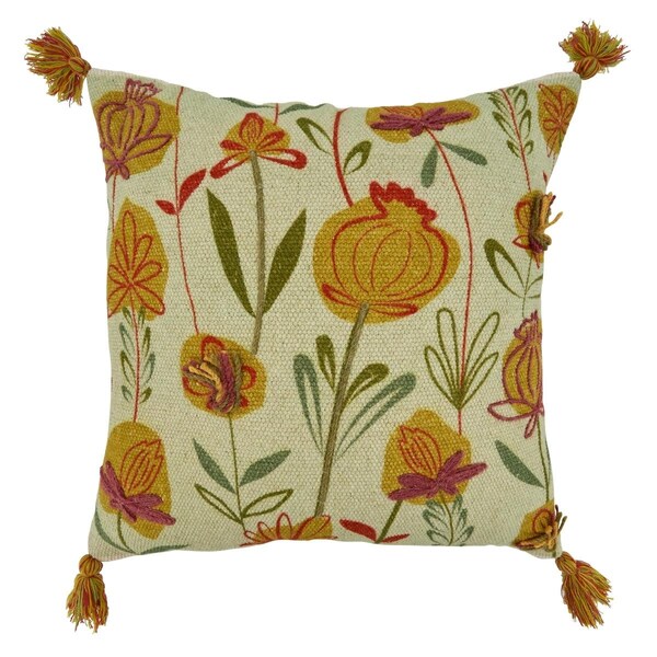Rlm Distribution SARO  20 in. Square Down Filled Throw Pillow with Embroidered Flowers  Green - HO2658139