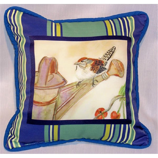 Betsy Drake Carolina Wren Small Outdoor-Indoor Pillow 12in x12in - SN268