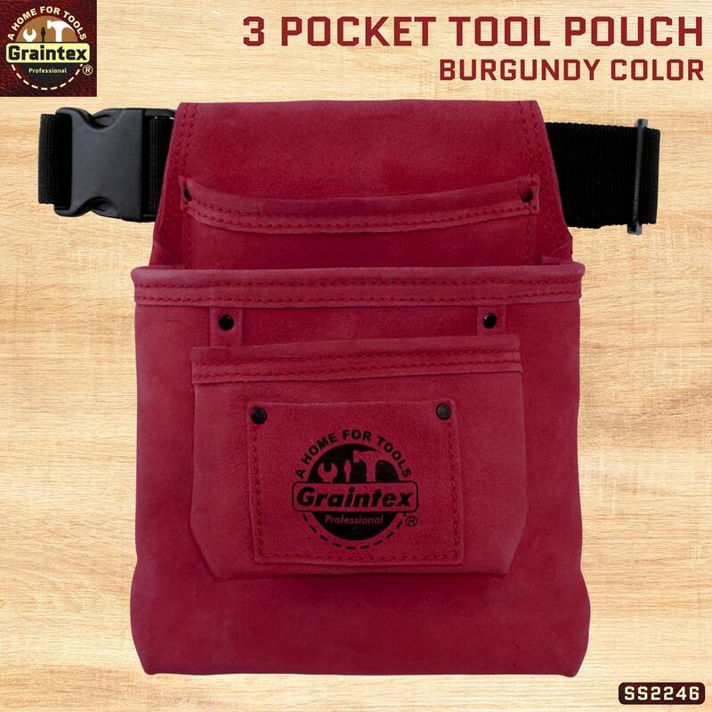 Unbranded 3-Pocket Nail and Tool Pouch with Burgundy Suede Leather Belt - SS2246