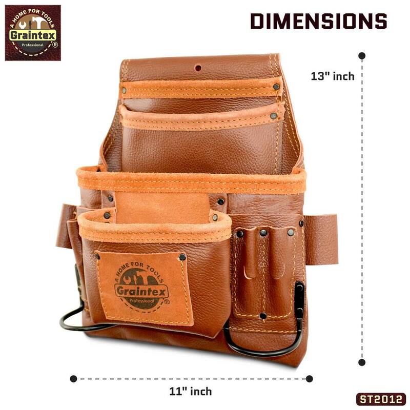 Graintex 10-Pocket Brown Rugged Top Grain Leather Nail & Tool Pouch W/2 Hammer Holders - ST2012