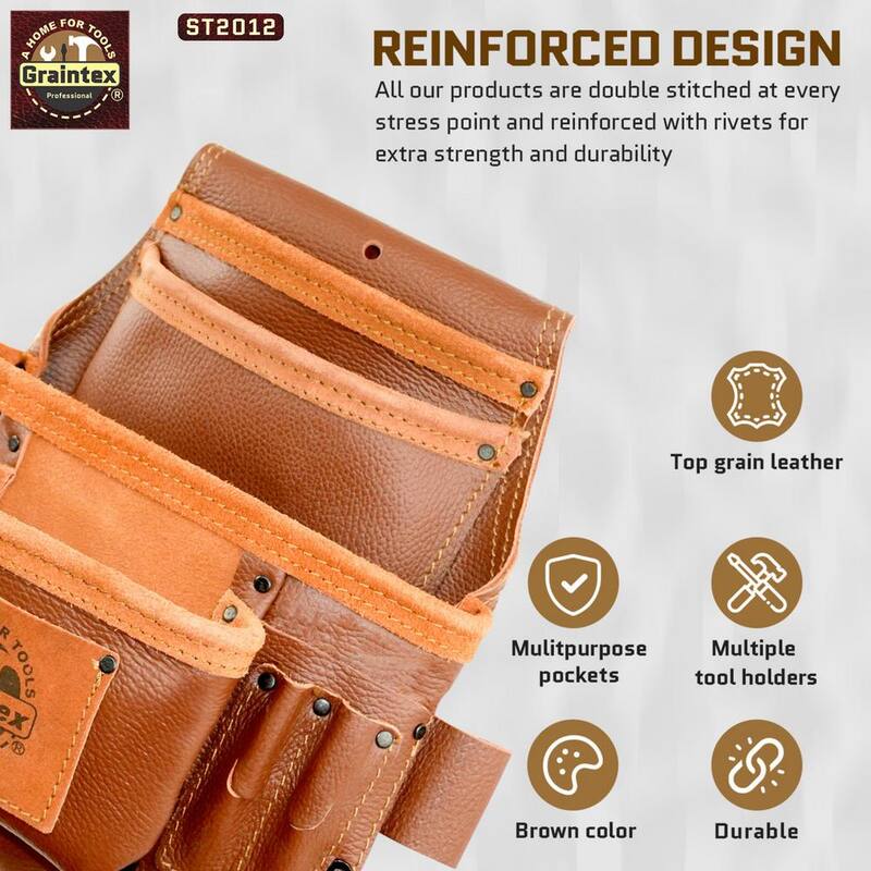 Graintex 10-Pocket Brown Rugged Top Grain Leather Nail & Tool Pouch W/2 Hammer Holders - ST2012