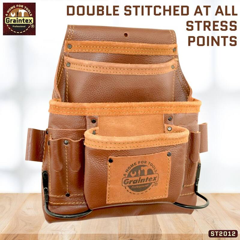 Graintex 10-Pocket Brown Rugged Top Grain Leather Nail & Tool Pouch W/2 Hammer Holders - ST2012