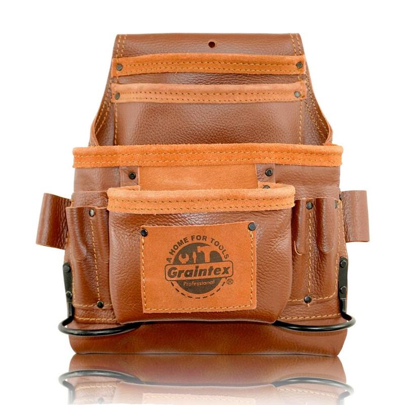 Graintex 10-Pocket Brown Rugged Top Grain Leather Nail & Tool Pouch W/2 Hammer Holders - ST2012