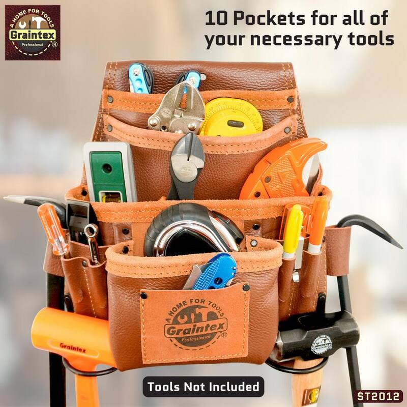Graintex 10-Pocket Brown Rugged Top Grain Leather Nail & Tool Pouch W/2 Hammer Holders - ST2012