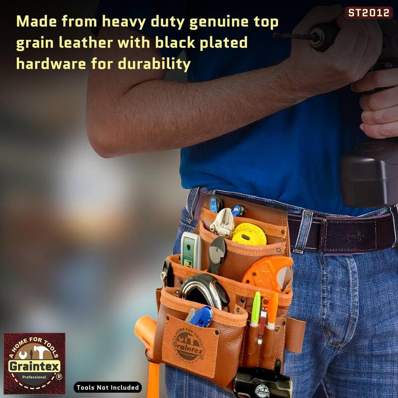Graintex 10-Pocket Brown Rugged Top Grain Leather Nail & Tool Pouch W/2 Hammer Holders - ST2012