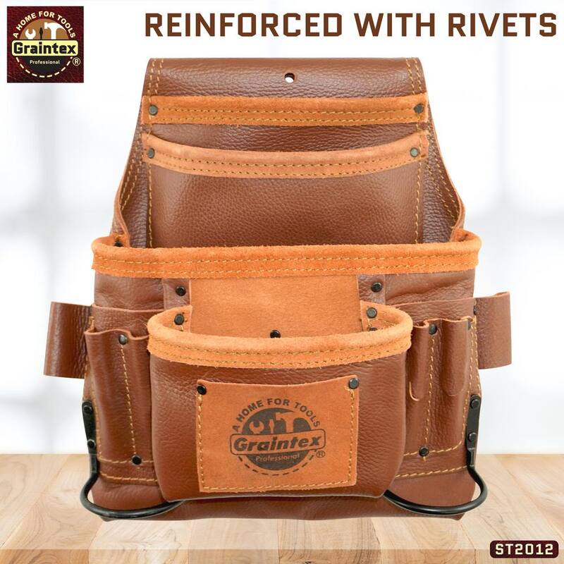 Graintex 10-Pocket Brown Rugged Top Grain Leather Nail & Tool Pouch W/2 Hammer Holders - ST2012