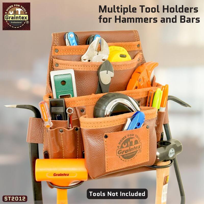 Graintex 10-Pocket Brown Rugged Top Grain Leather Nail & Tool Pouch W/2 Hammer Holders - ST2012