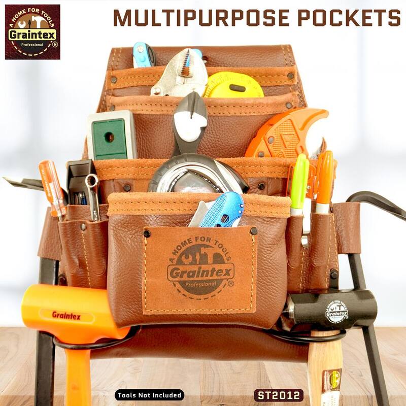 Graintex 10-Pocket Brown Rugged Top Grain Leather Nail & Tool Pouch W/2 Hammer Holders - ST2012