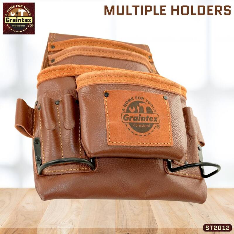Graintex 10-Pocket Brown Rugged Top Grain Leather Nail & Tool Pouch W/2 Hammer Holders - ST2012
