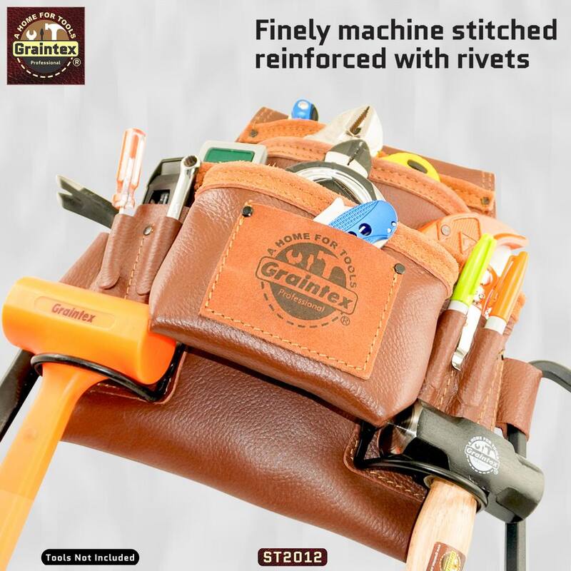 Graintex 10-Pocket Brown Rugged Top Grain Leather Nail & Tool Pouch W/2 Hammer Holders - ST2012