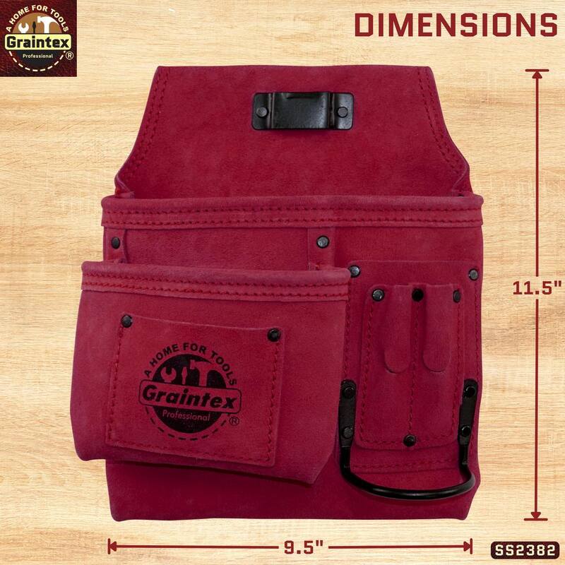 Graintex 5-Pocket Left Handed Suede Leather Burgundy Nail and Tool Pouch W/Hammer Holder - SS2382