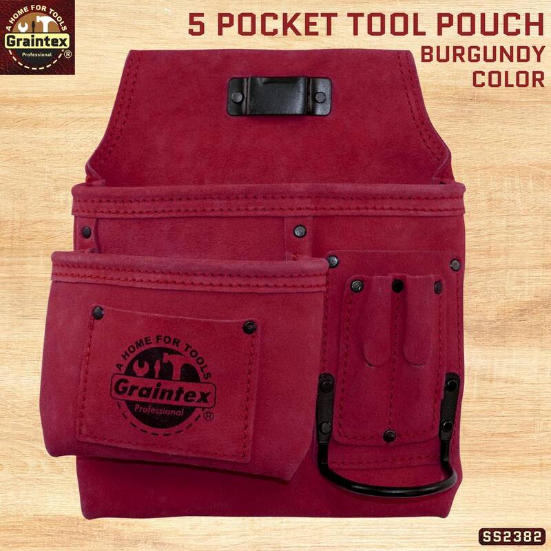 Graintex 5-Pocket Left Handed Suede Leather Burgundy Nail and Tool Pouch W/Hammer Holder - SS2382
