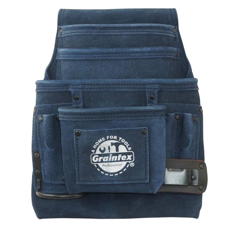 Graintex 10-Pocket Navy Blue Suede Leather Nail and Tool Pouch w/Hammer Holder & Measuring Tape Clip - SS2551