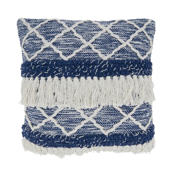 Saro 18 in. Fringe Moroccan Design Square Throw Pillow with Poly Filling, Navy Blue - 2907.NB18SP