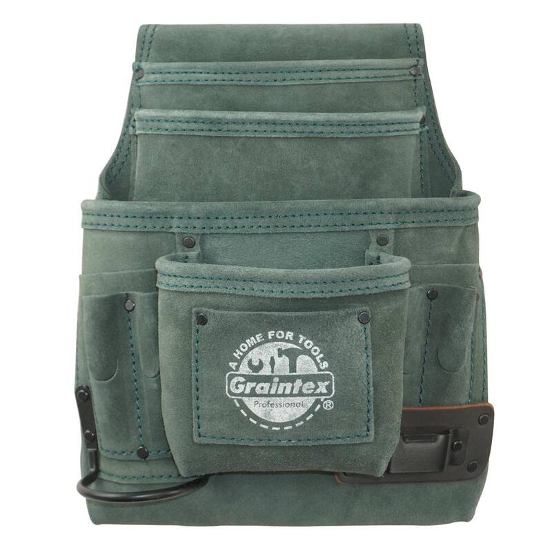 Graintex 10-Pocket Hunter Green Suede Leather Nail and Tool Pouch w/Hammer Holder and Measuring Tape Clip - SS2455