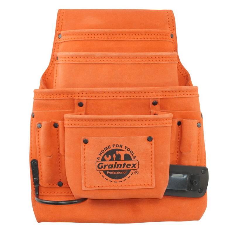 Graintex 10-Pocket Orange Suede Leather Nail and Tool Pouch w/Hammer Holder & Measuring Tape Clip - SS2556