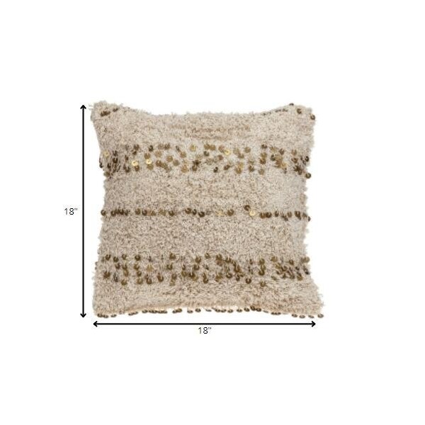 Homeroots 18 x 18 x 4 in. Beige Boho Woven Shaggy Sequin Throw Pillow - 383145