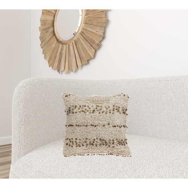 Homeroots 18 x 18 x 4 in. Beige Boho Woven Shaggy Sequin Throw Pillow - 383145