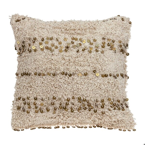 Homeroots 18 x 18 x 4 in. Beige Boho Woven Shaggy Sequin Throw Pillow - 383145