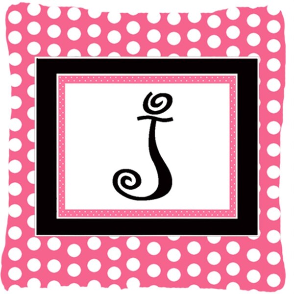 Jensendistributionservices Letter J Initial Monogram - Pink Black Polka Dots Indoor & Outdoor Fabric Decorative Pillow - MI2556133