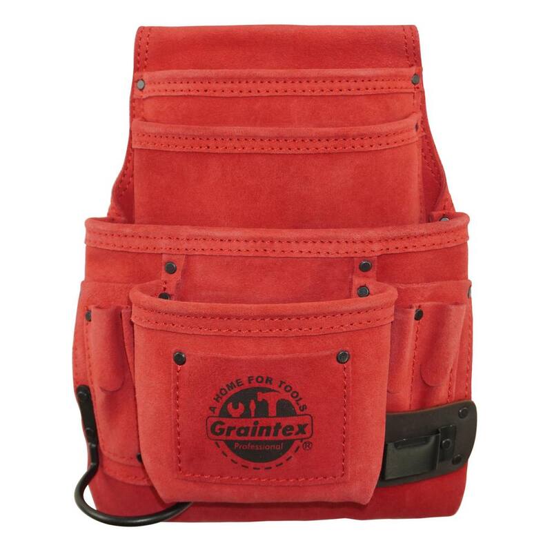 Graintex 10-Pocket Red Suede Leather Nail and Tool Pouch w/Hammer Holder and Measuring Tape Clip - SS2594