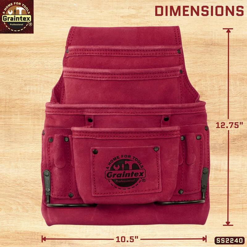 Graintex 10-Pocket Suede Leather Nail and Tool Pouch in Burgundy w/2 Hammer Holders - SS2240