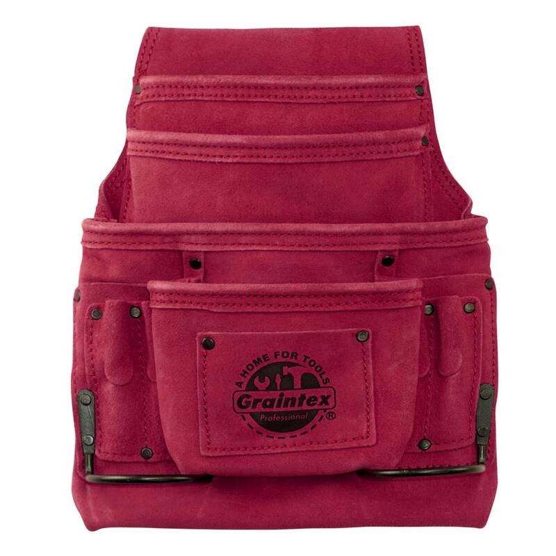 Graintex 10-Pocket Suede Leather Nail and Tool Pouch in Burgundy w/2 Hammer Holders - SS2240