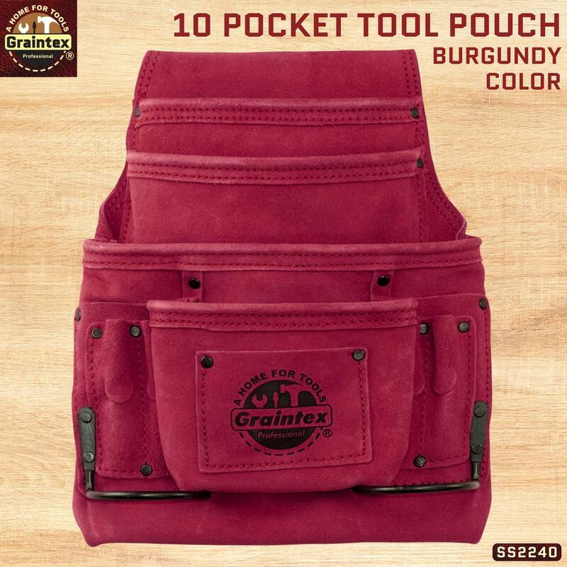 Graintex 10-Pocket Suede Leather Nail and Tool Pouch in Burgundy w/2 Hammer Holders - SS2240